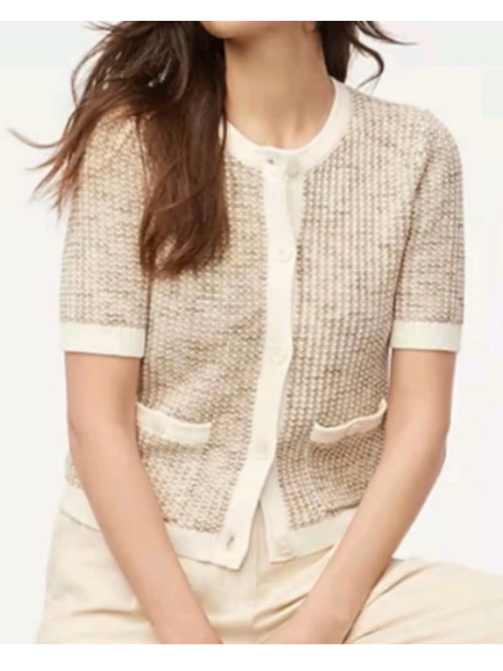 J. Crew Short-Sleeve Tweed Cardigan in Cream and Beige